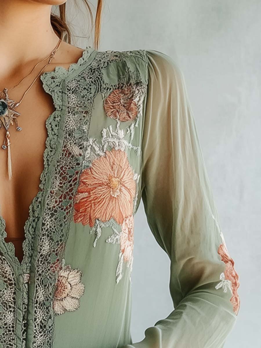 Boho Blouse met Kant en Bloemenprint – Lichtgewicht & Elegant