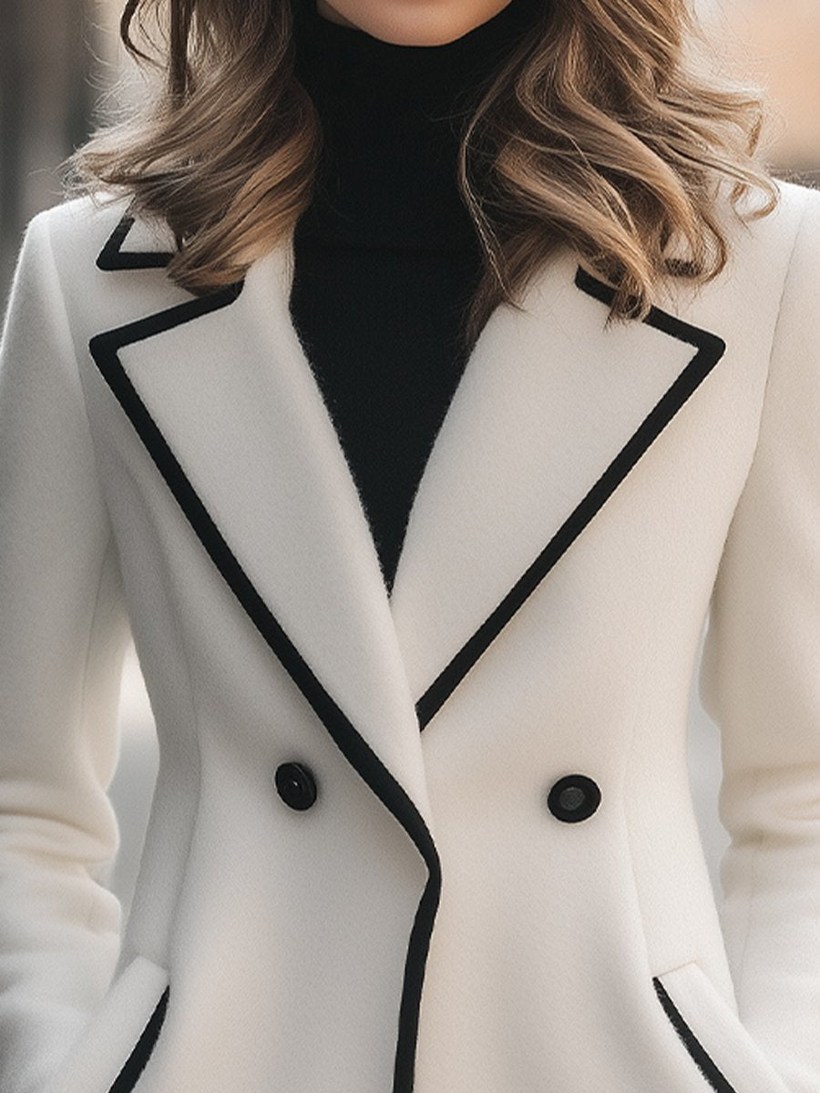 White Women's Coat with Black Piping – Double-Breasted & Elegant