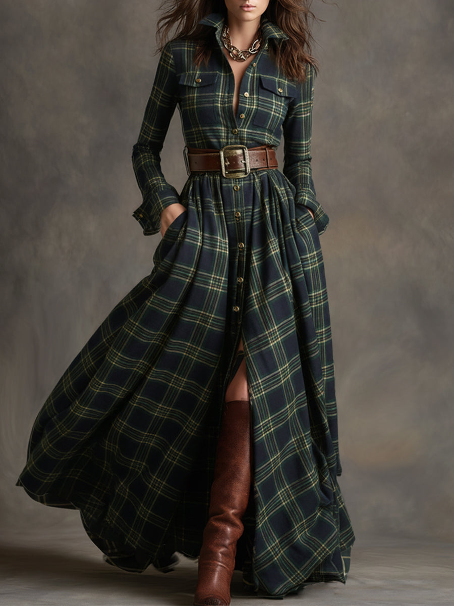 Damen Maxikleid mit Reverskragen und rotbraunem Karomuster inklusive Gürtel