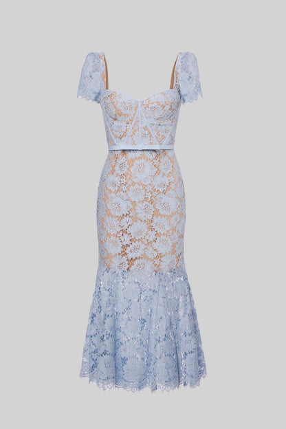 Korte Mouwen Kanten Jurk met Delicate Tailleband – Blauw