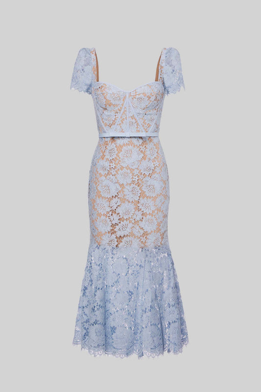 Korte Mouwen Kanten Jurk met Delicate Tailleband – Blauw