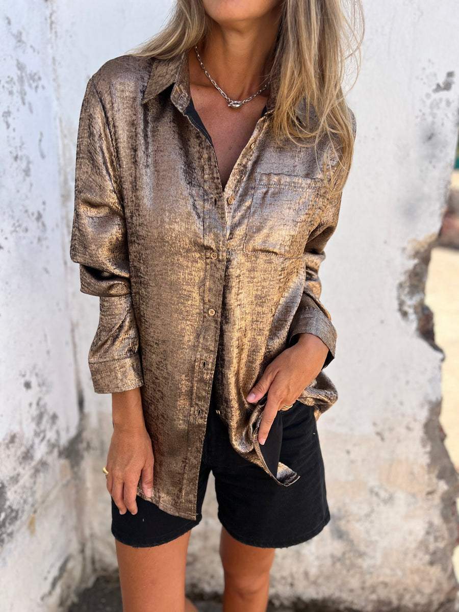 Dames Blouse – Oversized Shirt met Glanzende Textuur – Casual & Chic