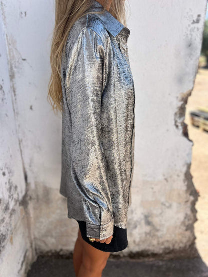 Dames Blouse – Oversized Shirt met Glanzende Textuur – Casual & Chic