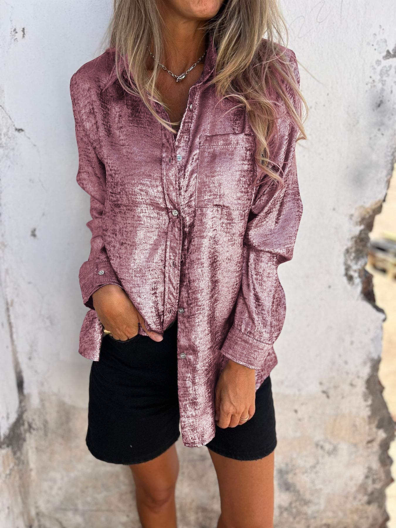 Dames Blouse – Oversized Shirt met Glanzende Textuur – Casual & Chic