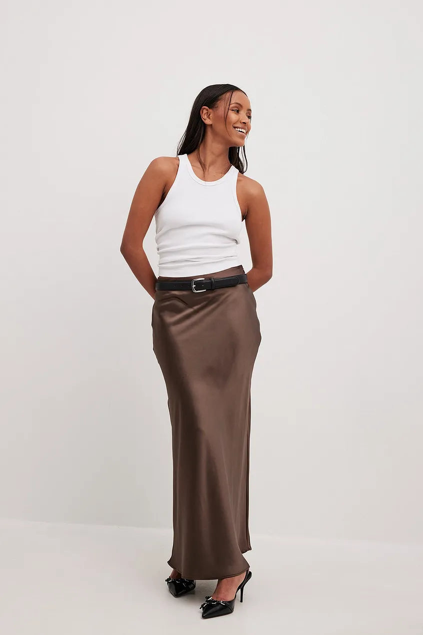 Satin Midi Skirt with High Waist – Shiny Elegant Women's Skirt