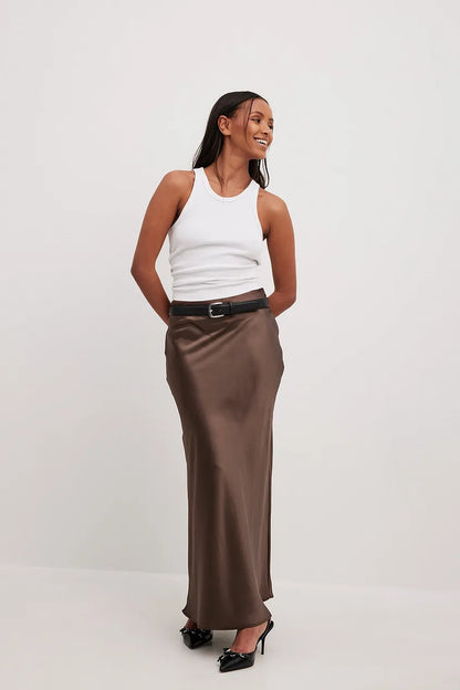 Satin Midi Skirt with High Waist – Shiny Elegant Women's Skirt