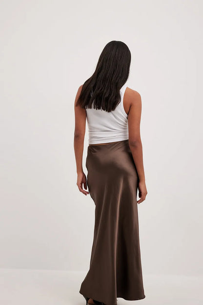 Satin Midi Skirt with High Waist – Shiny Elegant Women's Skirt