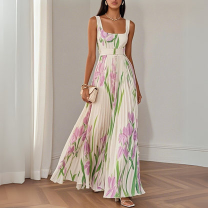 Nina – Dames Lange Plissé Jurk met Bloemenprint