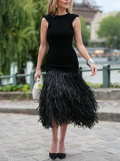 Noiré Fringe Midi Jurk | Elegant Slim Fit & Luxe Avond Look