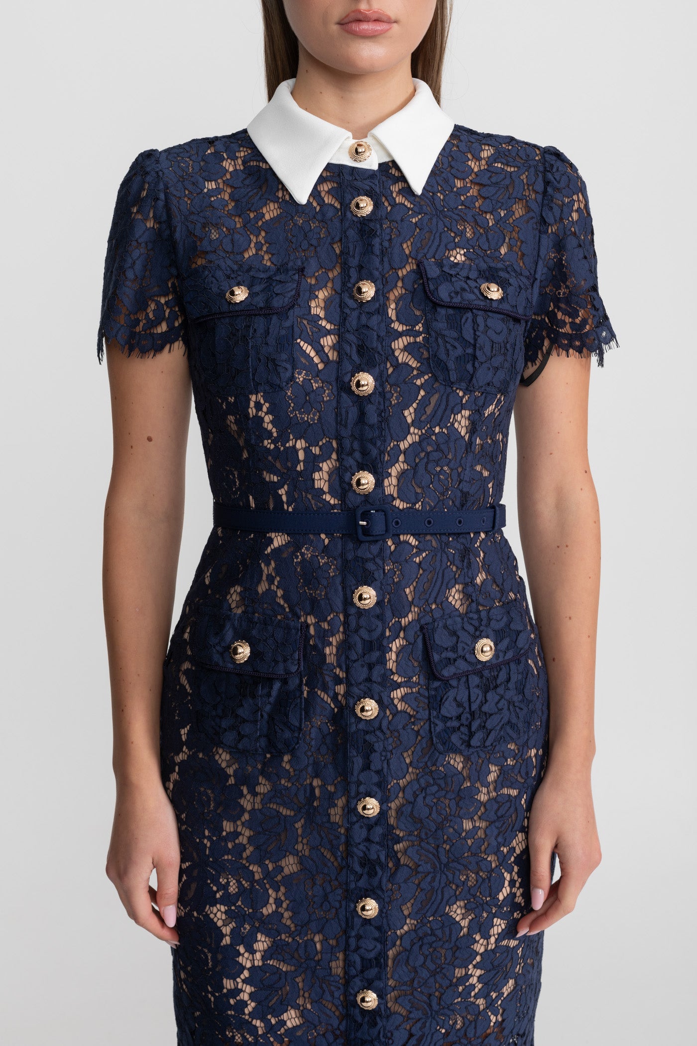 Ladies' Mid-Length Dress of Floral Lace with Collar and Waist Belt – Navy Blue
