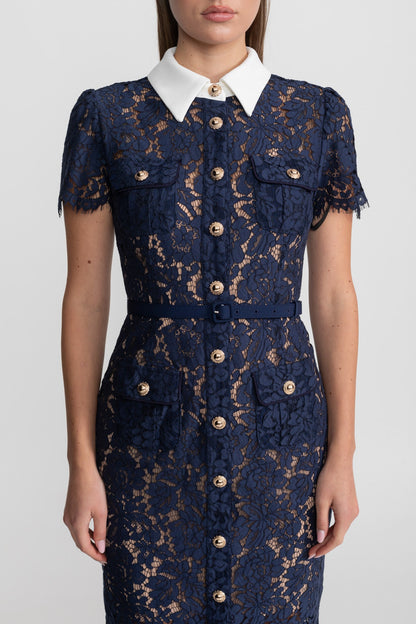 Ladies' Mid-Length Dress of Floral Lace with Collar and Waist Belt – Navy Blue