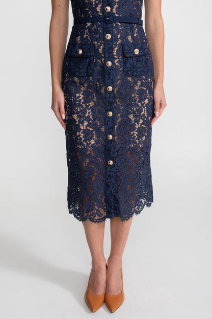 Ladies' Mid-Length Dress of Floral Lace with Collar and Waist Belt – Navy Blue