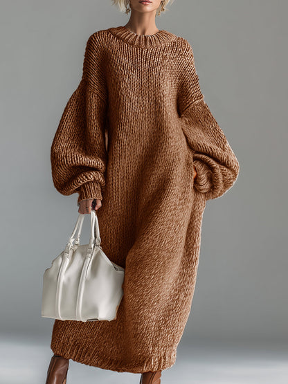 Ladies' Knitted Long Dress with Round Neck in Speckled Khaki