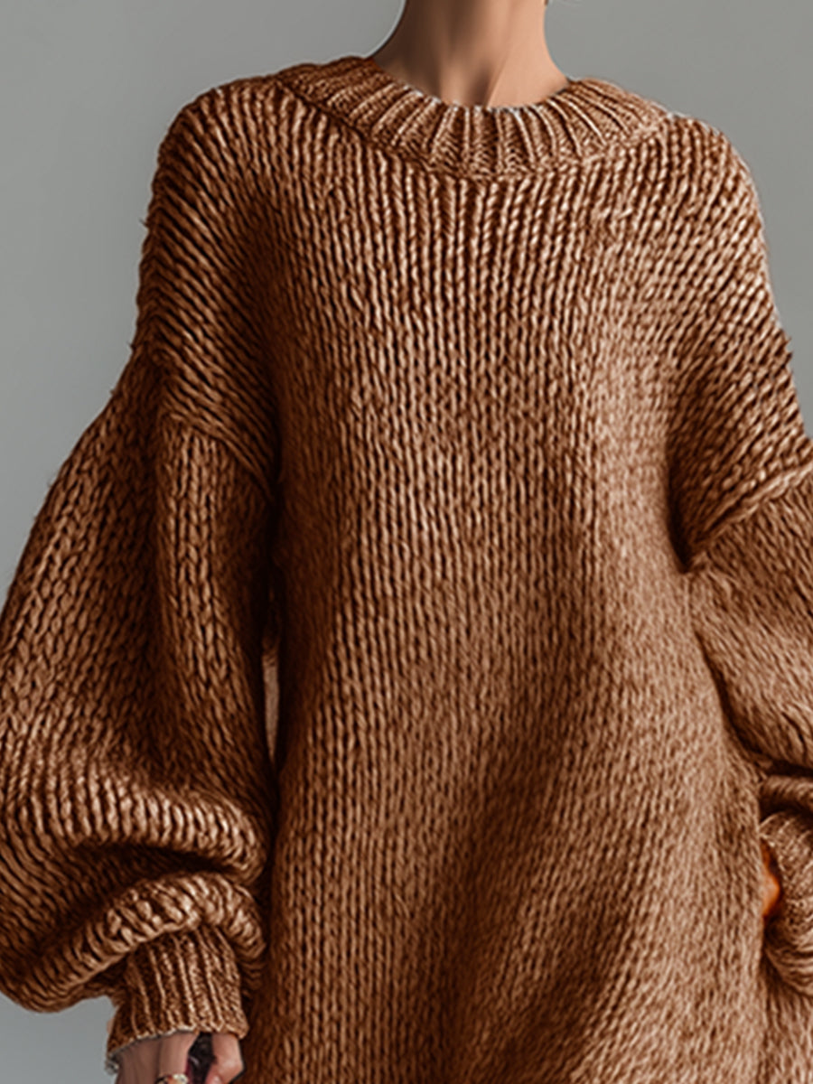 Ladies' Knitted Long Dress with Round Neck in Speckled Khaki