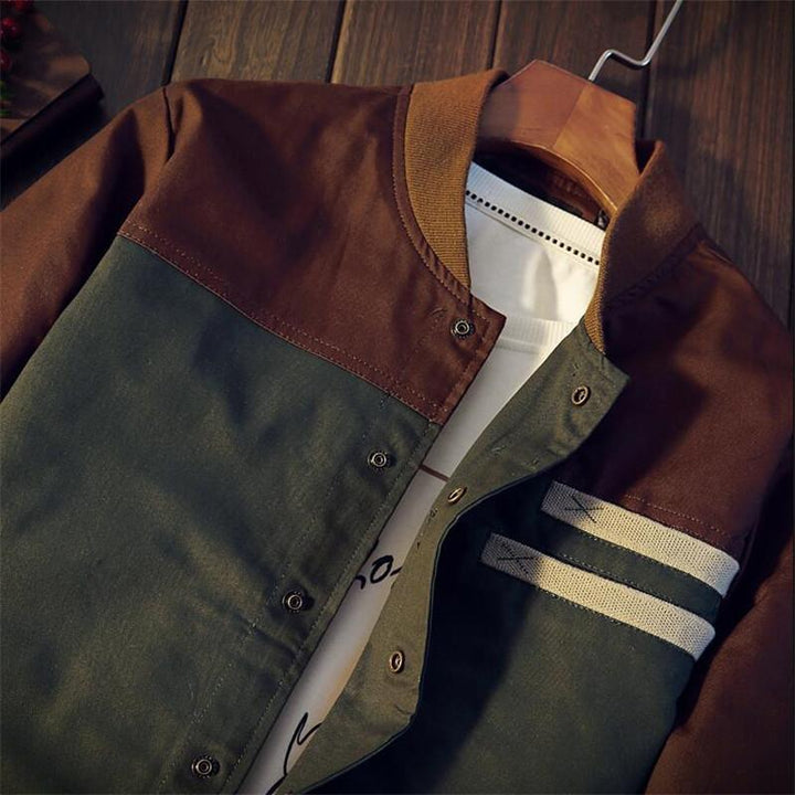 Men's Bomber Jacket with Color Blocks and Stripes - Brown and Groen