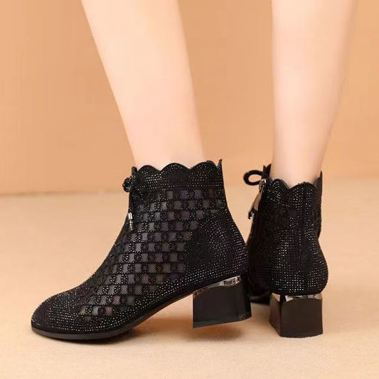 Mesh Ankle Boots with Heel – Elegant Women's Boots with Zipper