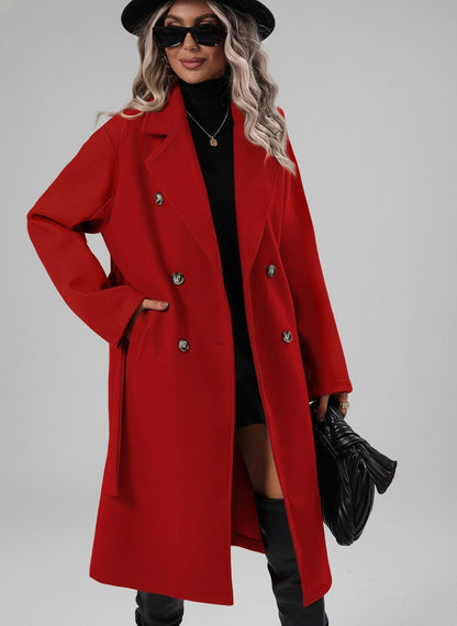 Sienna A-Lijn Trenchcoat – Dubbelrijige Jas met Ceintuur-Dameskleding > Jassen > Trenchcoats-Myna Mode-Rood-S-Myna Mode