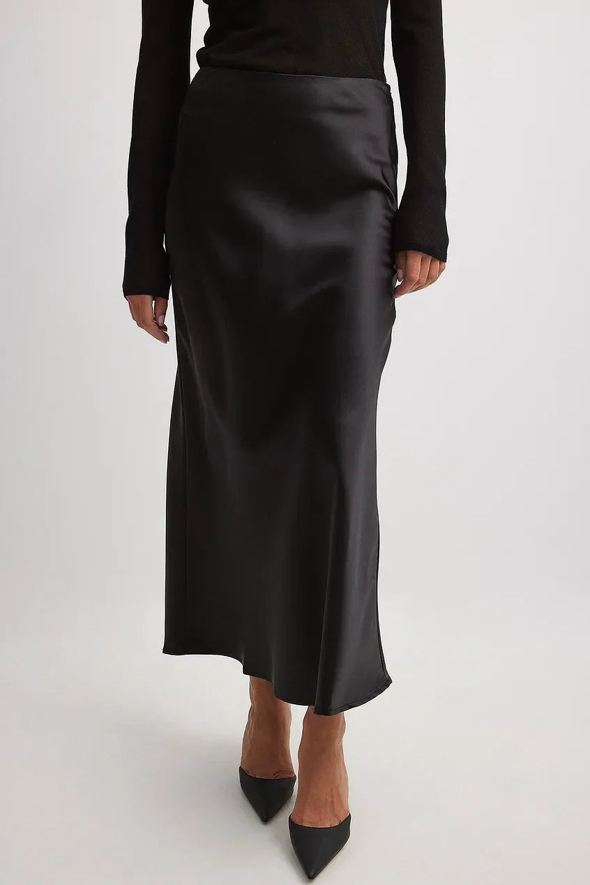 Satin Midi Skirt with High Waist – Shiny Elegant Women's Skirt