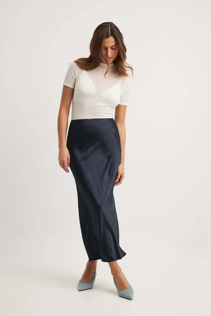 Satin Midi Skirt with High Waist – Shiny Elegant Women's Skirt