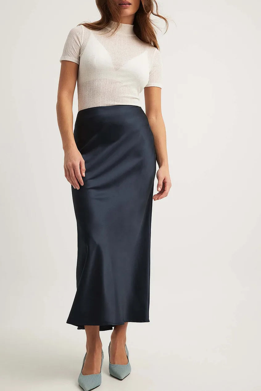 Satin Midi Skirt with High Waist – Shiny Elegant Women's Skirt