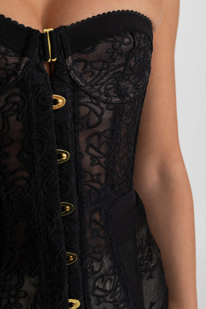 Strapless Kanten Corsettop met Baleinen en Haaksluiting – Zwart