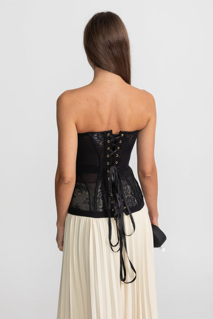 Strapless Kanten Corsettop met Baleinen en Haaksluiting – Zwart