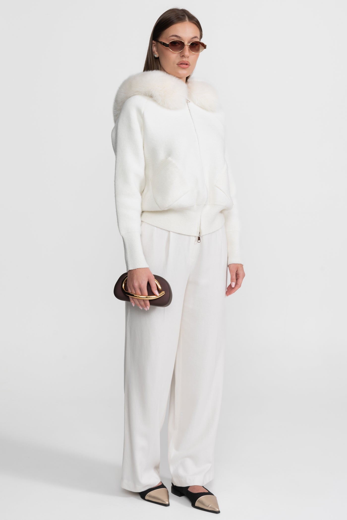 Dames Wollen Hoodie met Rits en Bontkraag – Ivoor