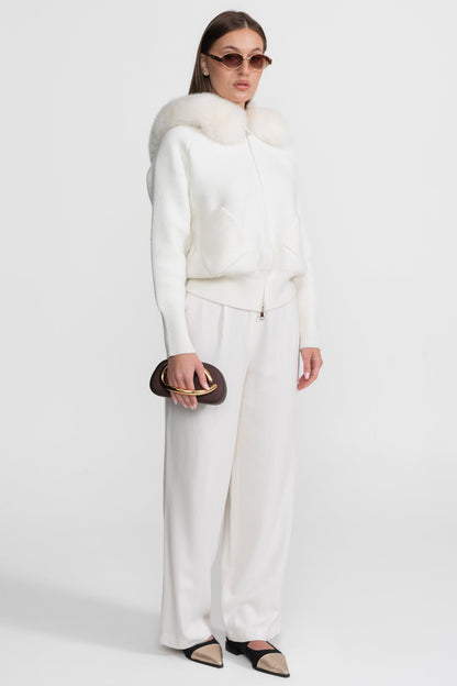 Dames Wollen Hoodie met Rits en Bontkraag – Ivoor