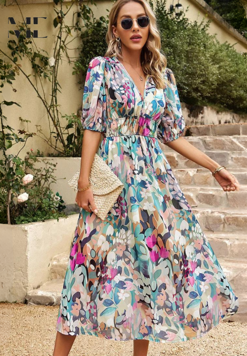 Rosalie | Elegant Floral Midi Dress for Weddings and Summer Parties