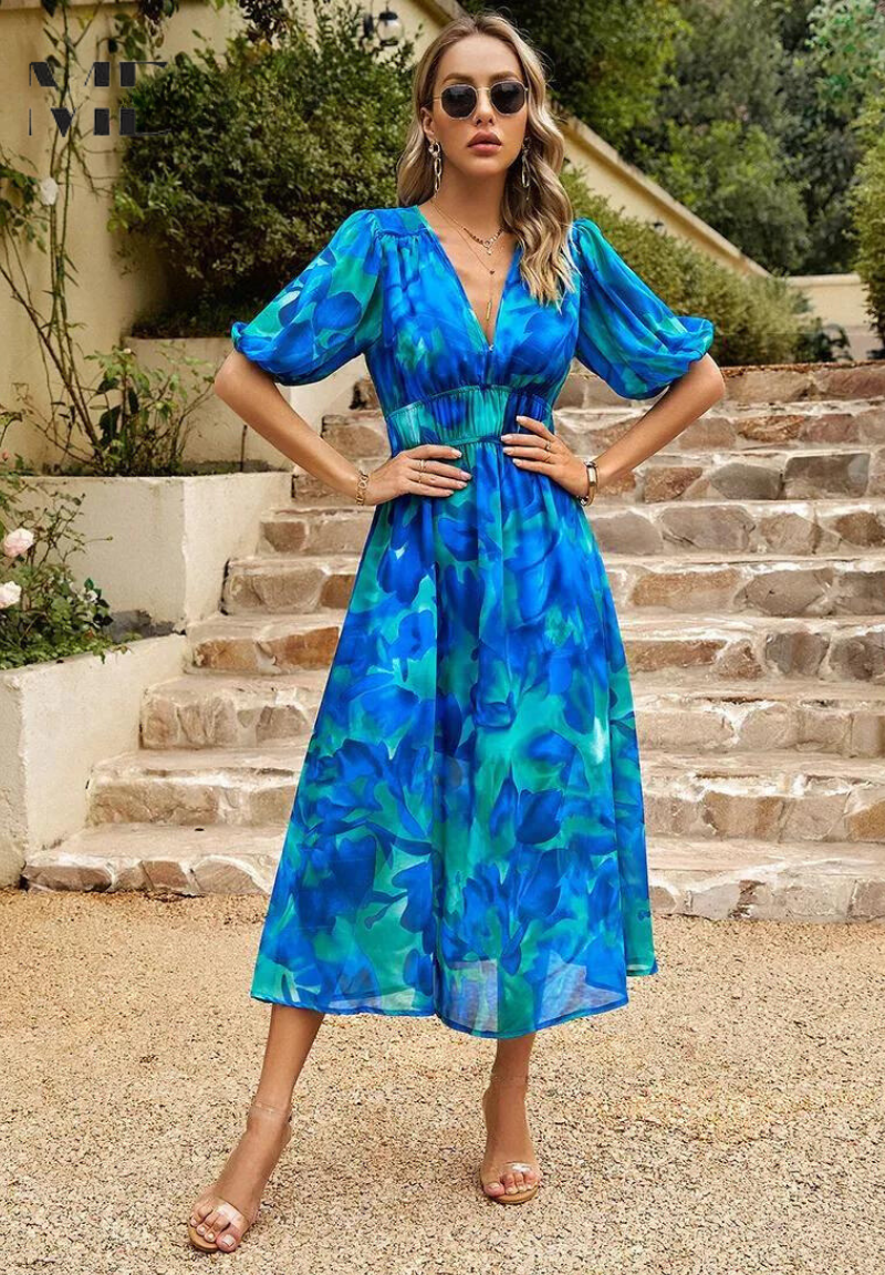 Rosalie | Elegant Floral Midi Dress for Weddings and Summer Parties
