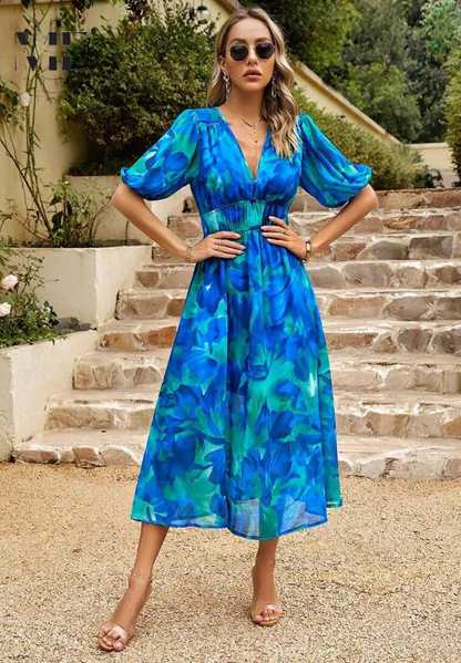 Rosalie | Elegant Floral Midi Dress for Weddings and Summer Parties