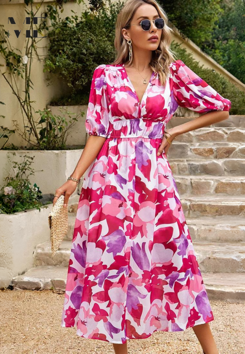 Rosalie | Elegant Floral Midi Dress for Weddings and Summer Parties