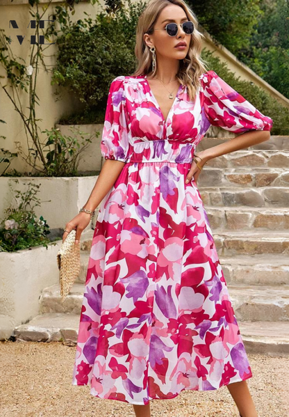 Rosalie | Elegant Floral Midi Dress for Weddings and Summer Parties