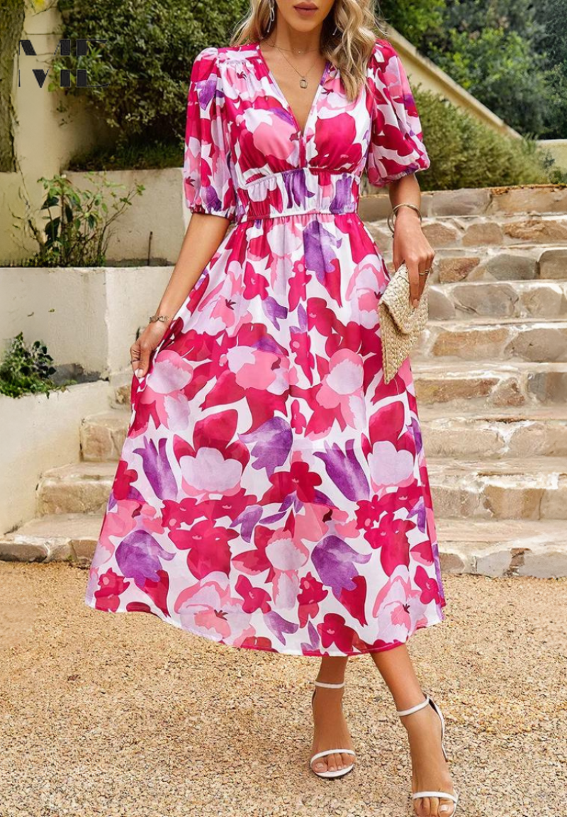Rosalie | Elegant Floral Midi Dress for Weddings and Summer Parties