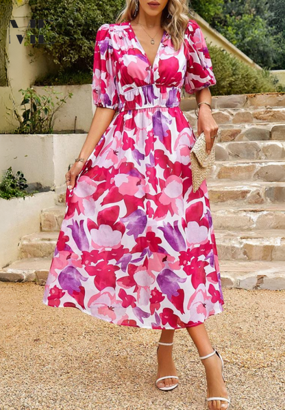 Rosalie | Elegant Floral Midi Dress for Weddings and Summer Parties