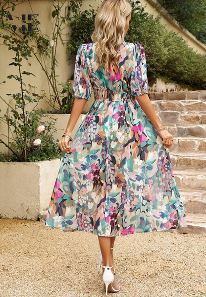 Rosalie | Elegant Floral Midi Dress for Weddings and Summer Parties
