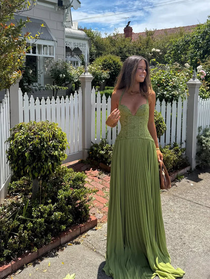 Alice | Geplooide Maxi Jurk met Corset Taille en Halterhals