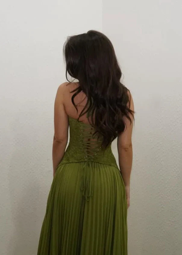Alice | Geplooide Maxi Jurk met Corset Taille en Halterhals