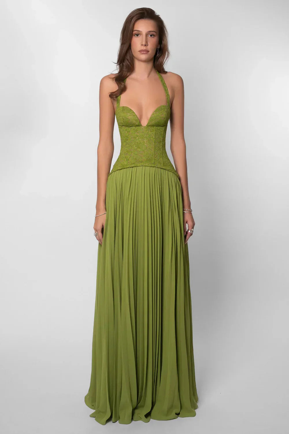 Alice | Geplooide Maxi Jurk met Corset Taille en Halterhals