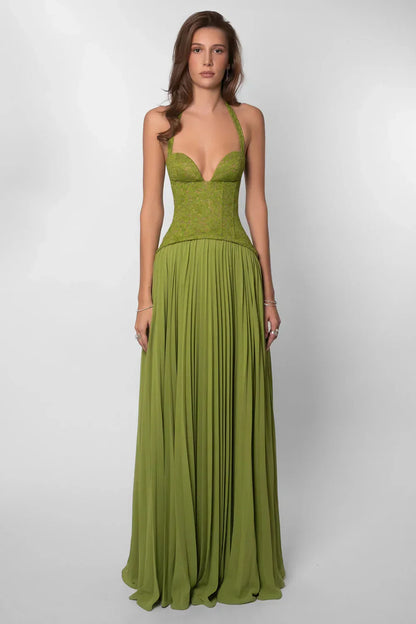 Alice | Geplooide Maxi Jurk met Corset Taille en Halterhals