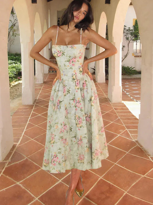 Romantische Bloemen Midi Jurk met Corset Taille en Vintage Silhouet