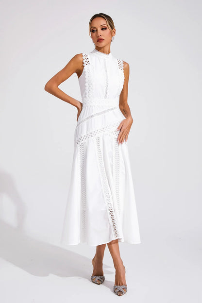 Valerie | Elegante Midi Jurk met Kantdetails en Hoge Hals