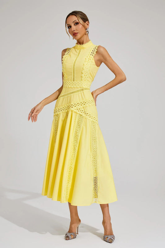 Valerie | Elegante Midi Jurk met Kantdetails en Hoge Hals