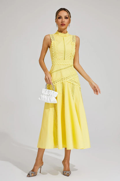 Valerie | Elegante Midi Jurk met Kantdetails en Hoge Hals