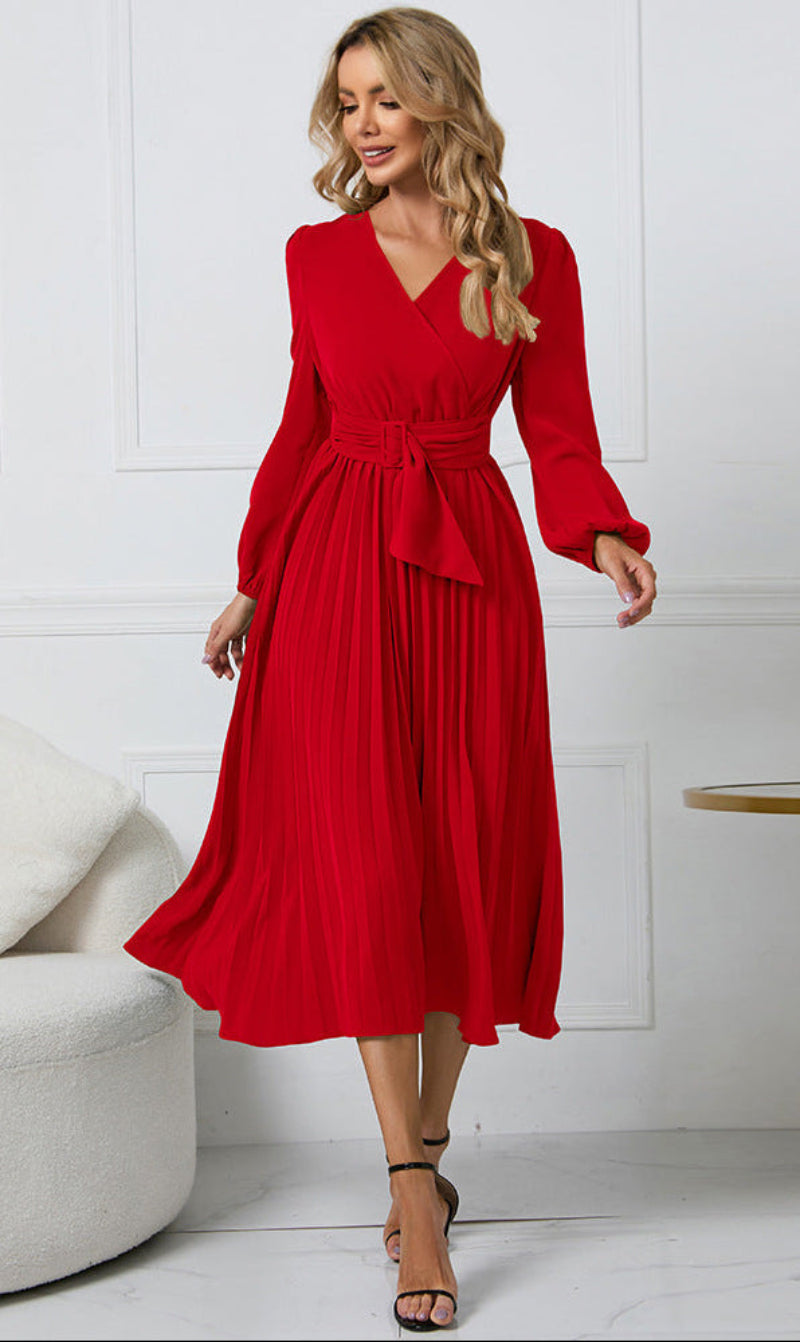 Isabelle | Elegant Pleated Midi Dress for Weddings and Parties