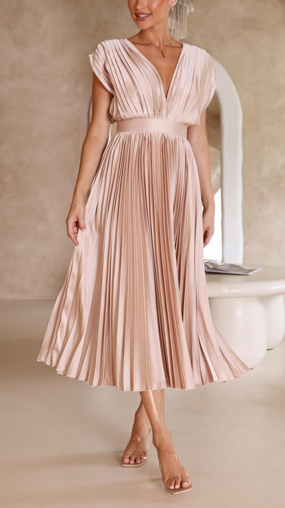 Elena | Elegante Geplooide Midi Jurk voor Bruiloften en Feesten