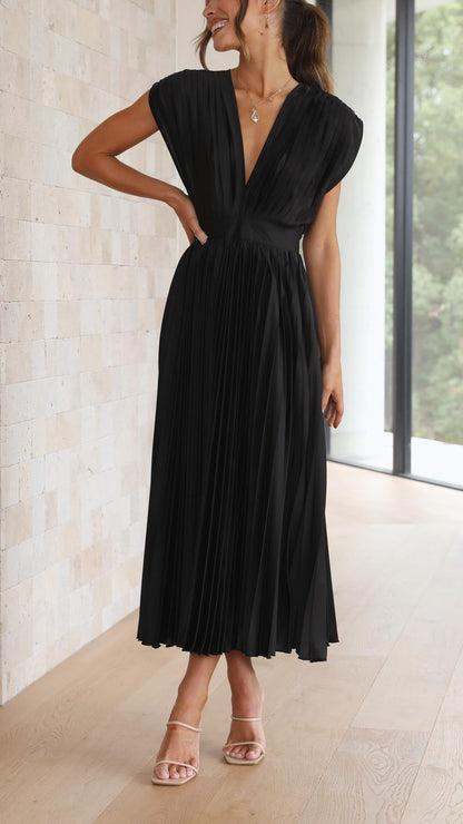 Elena | Elegante Geplooide Midi Jurk voor Bruiloften en Feesten