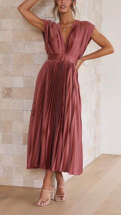 Elena | Elegante Geplooide Midi Jurk voor Bruiloften en Feesten
