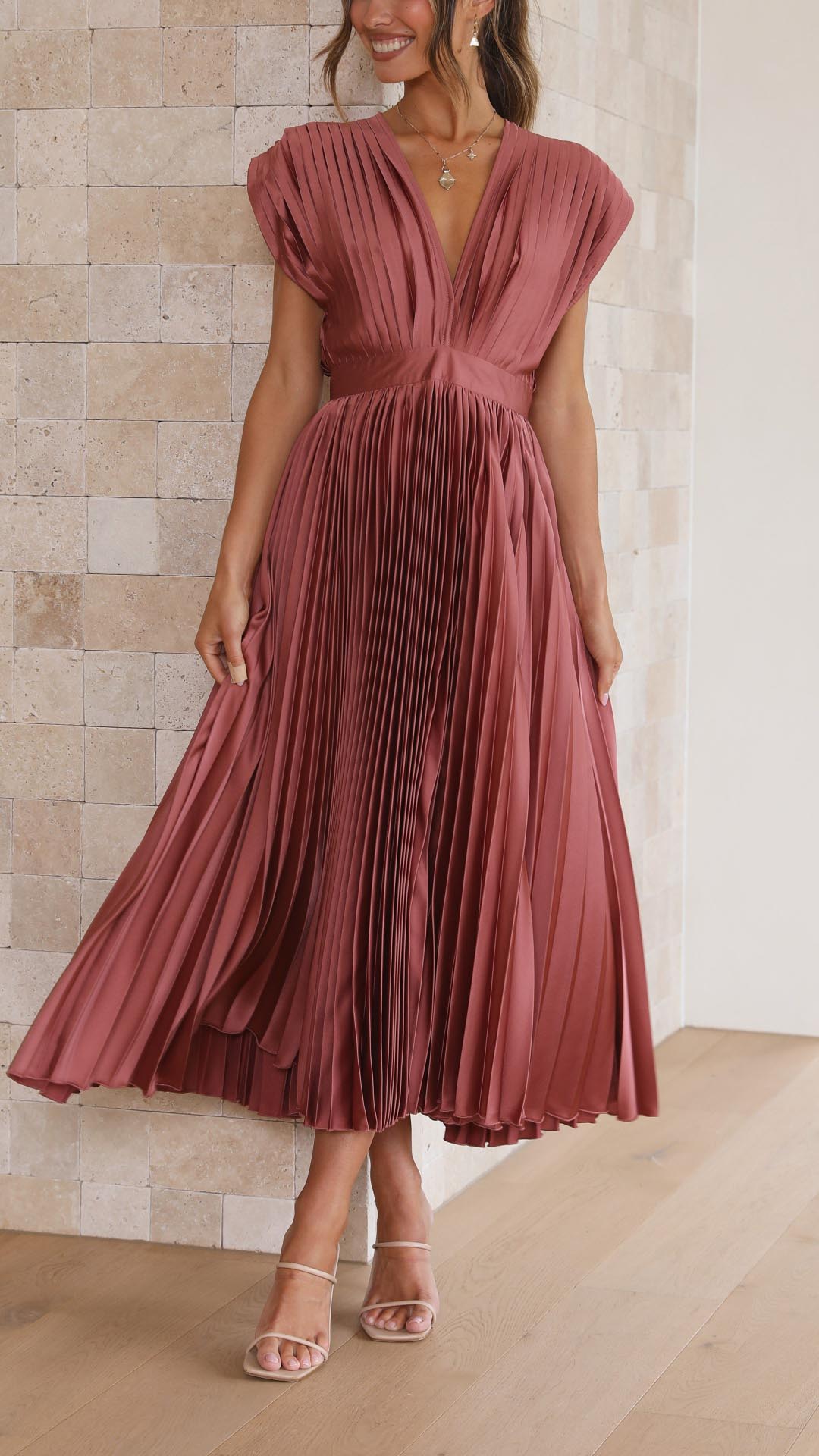 Elena | Elegante Geplooide Midi Jurk voor Bruiloften en Feesten