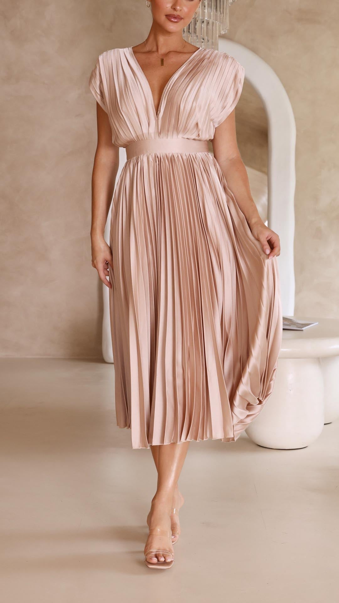 Elena | Elegante Geplooide Midi Jurk voor Bruiloften en Feesten